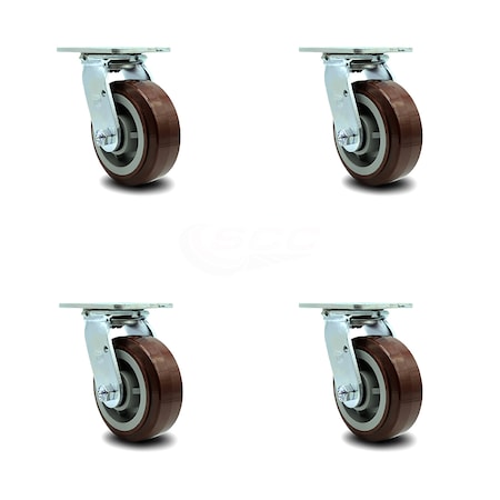 Service Caster 5 Inch Polyurethane Wheel Swivel Caster Set with Roller Bearing SCC-30CS520-PPUR-4